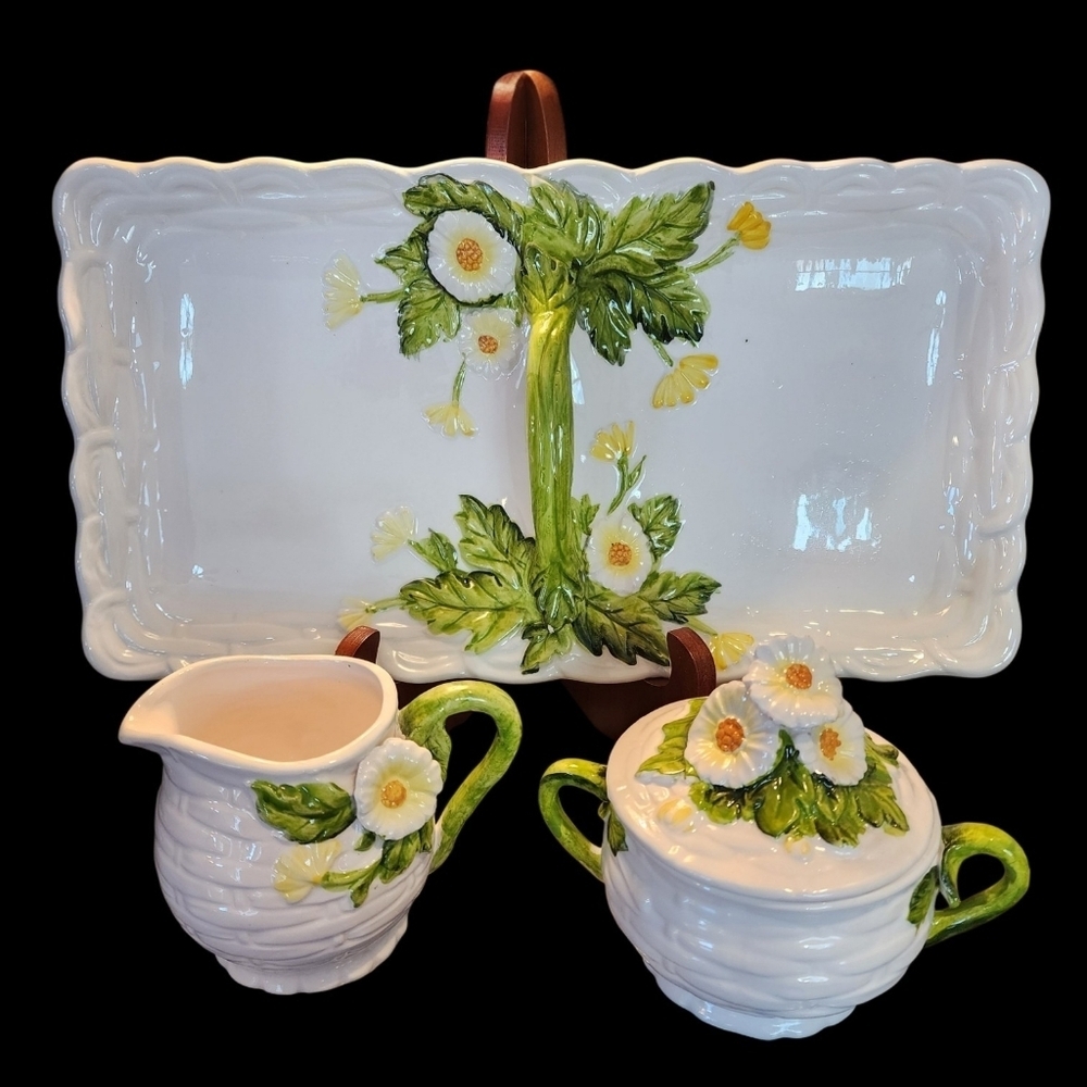 Vintage Lefton Sugar and Creamer Set & Sandwich Tray Rustic Yellow Daisy #3856